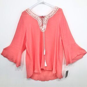 Valerie Stevens Coral Cream Crochet Lace Lightweight Tassel Tie Peasant Blouse